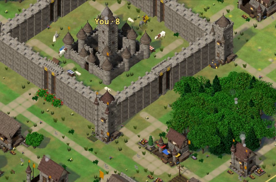A grown realm with houses, towers and fields